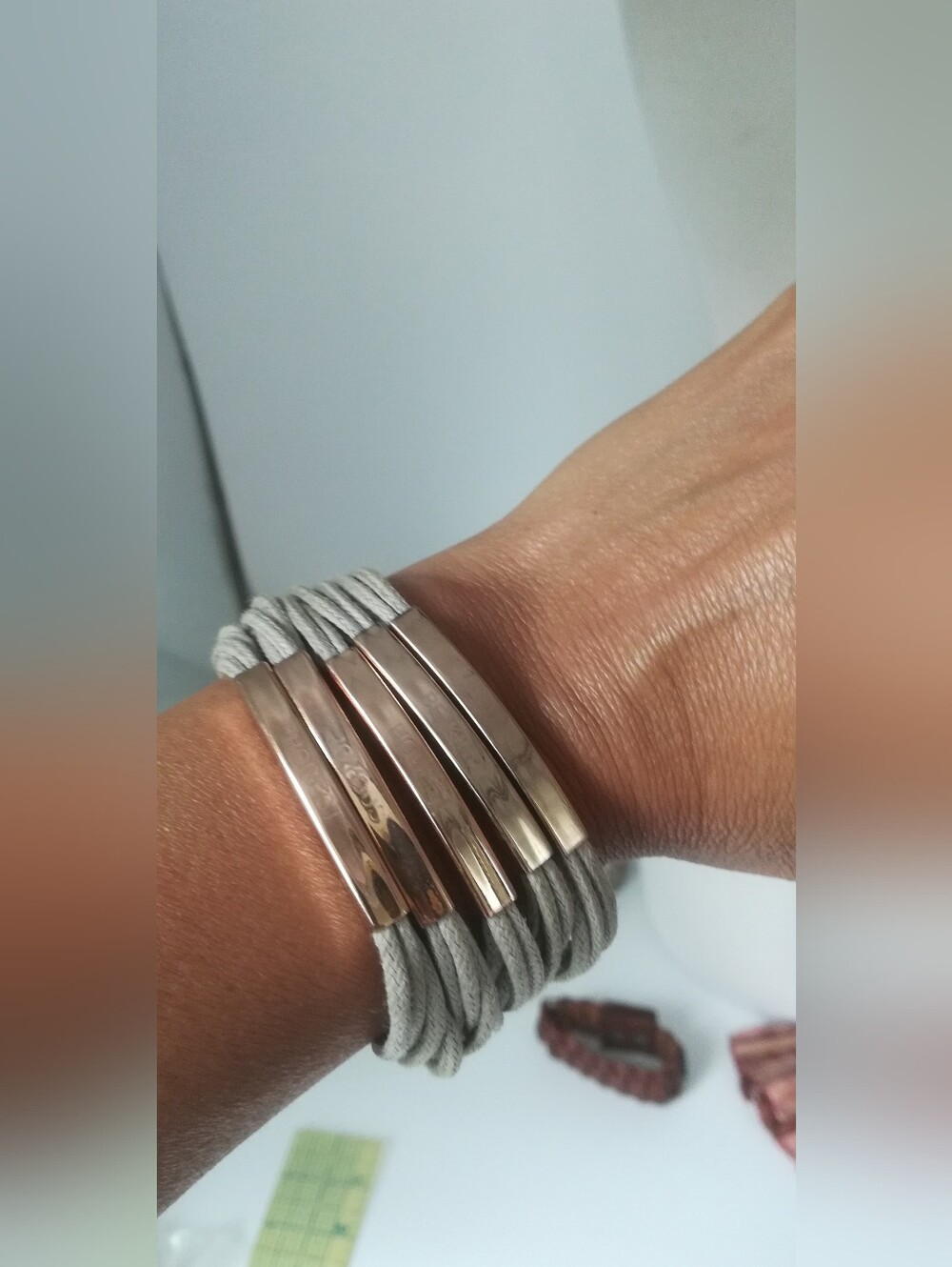 Multi-Strand Gray Cord Bracelet with Rose Gold Bars